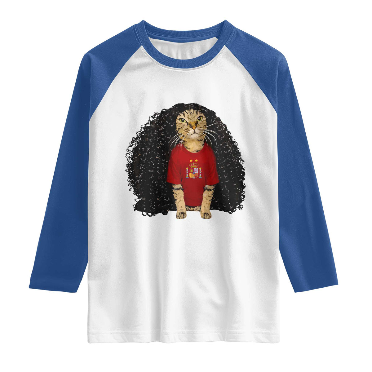 Funny Long Curly Hair Wig Soccer Cat Graphic Raglan Shirt Spain Espana Sports Fans Meme Spanish Pride