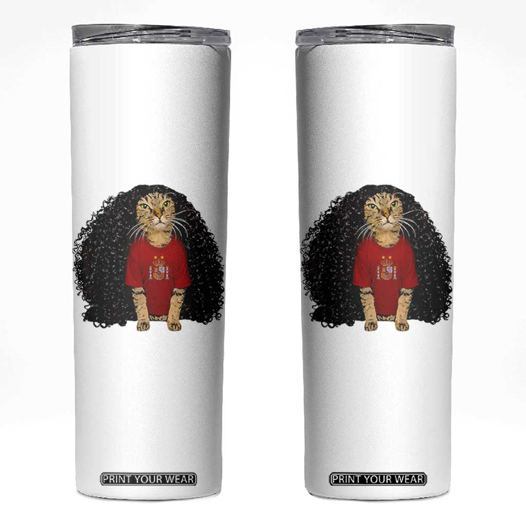 Funny Long Curly Hair Wig Soccer Cat Graphic Skinny Tumbler Spain Espana Sports Fans Meme Spanish Pride TS02 White Print Your Wear