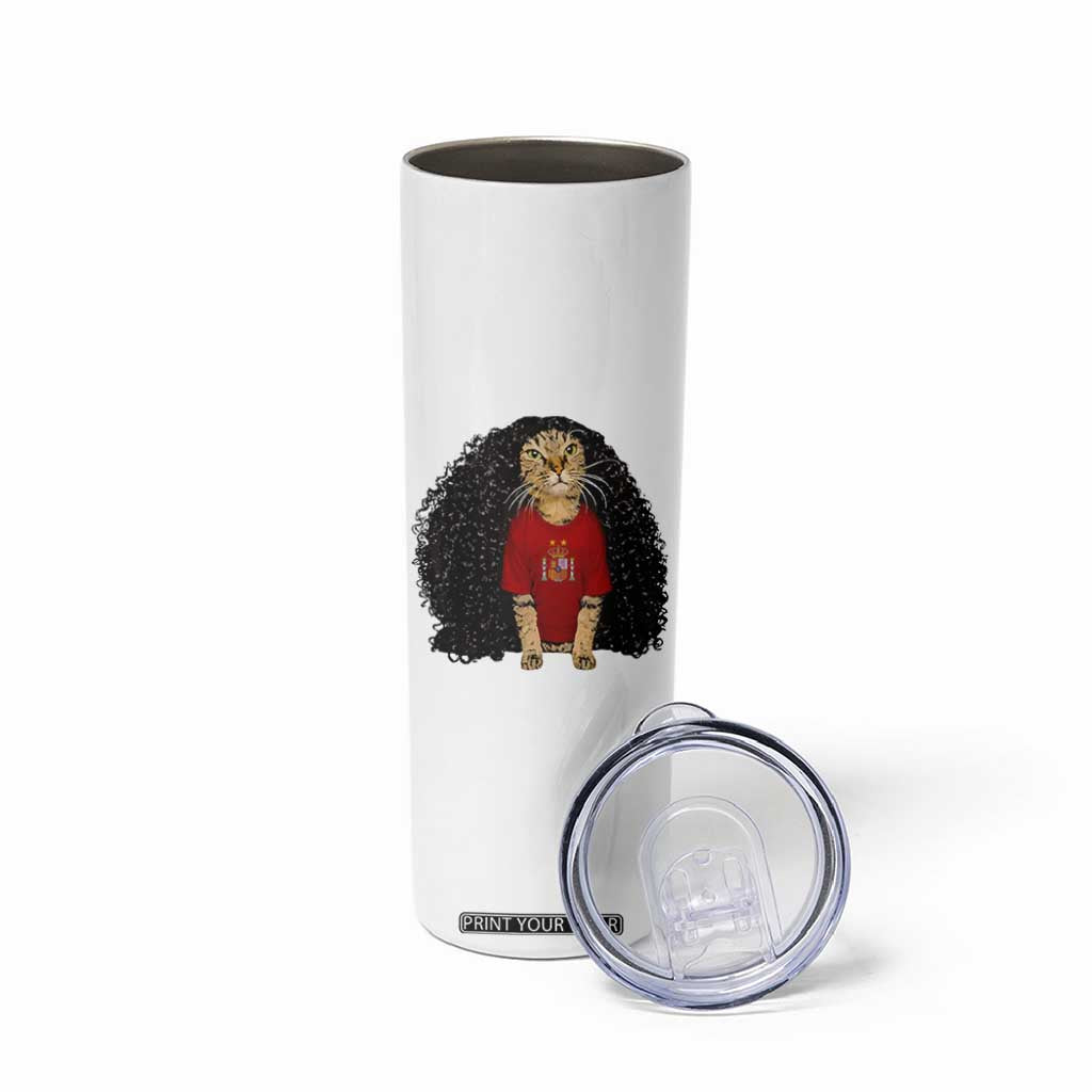 Funny Long Curly Hair Wig Soccer Cat Graphic Skinny Tumbler Spain Espana Sports Fans Meme Spanish Pride