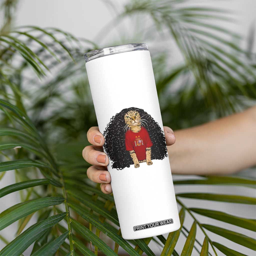 Funny Long Curly Hair Wig Soccer Cat Graphic Skinny Tumbler Spain Espana Sports Fans Meme Spanish Pride