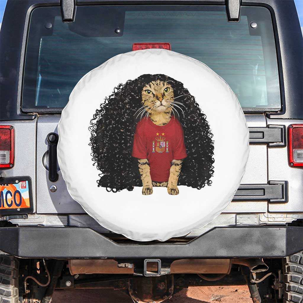 Funny Long Curly Hair Wig Soccer Cat Graphic Spare Tire Cover Spain Espana Sports Fans Meme Spanish Pride TS02 No hole White Print Your Wear