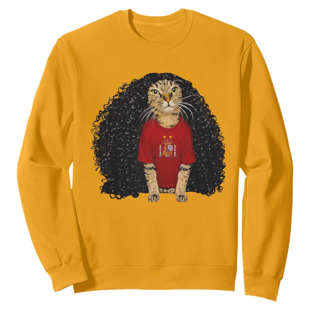 Funny Long Curly Hair Wig Soccer Cat Graphic Sweatshirt Spain Espana Sports Fans Meme Spanish Pride