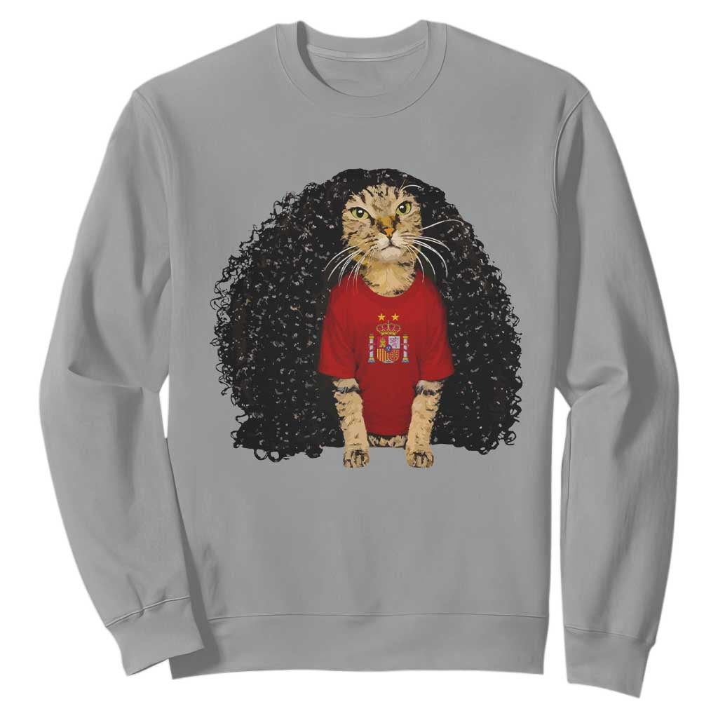 Funny Long Curly Hair Wig Soccer Cat Graphic Sweatshirt Spain Espana Sports Fans Meme Spanish Pride
