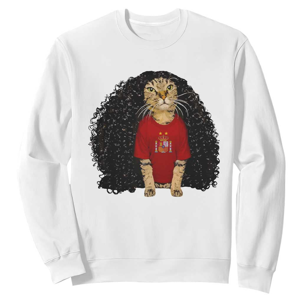 Funny Long Curly Hair Wig Soccer Cat Graphic Sweatshirt Spain Espana Sports Fans Meme Spanish Pride TS02 White Print Your Wear