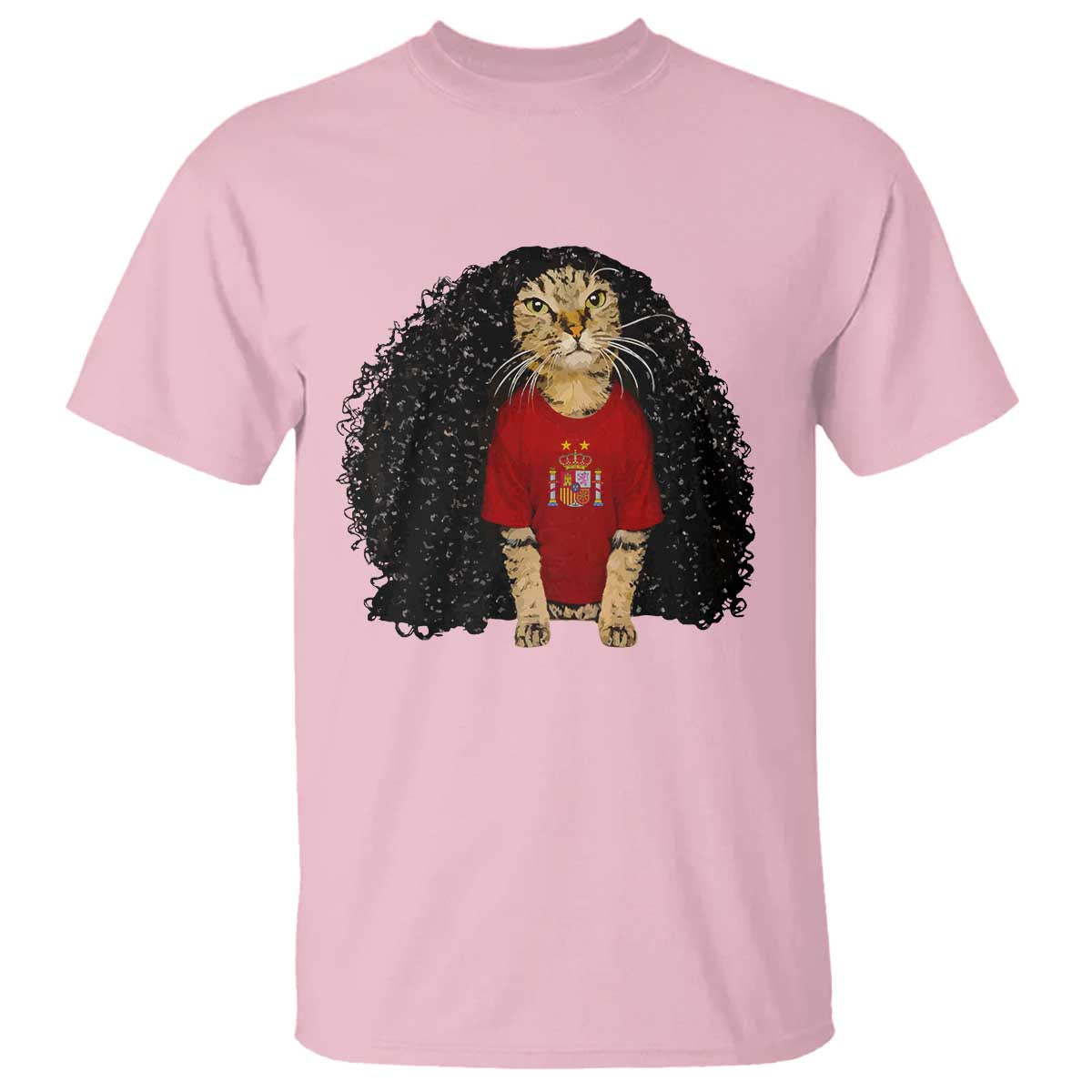 Funny Long Curly Hair Wig Soccer Cat Graphic T Shirt Spain Espana Sports Fans Meme Spanish Pride