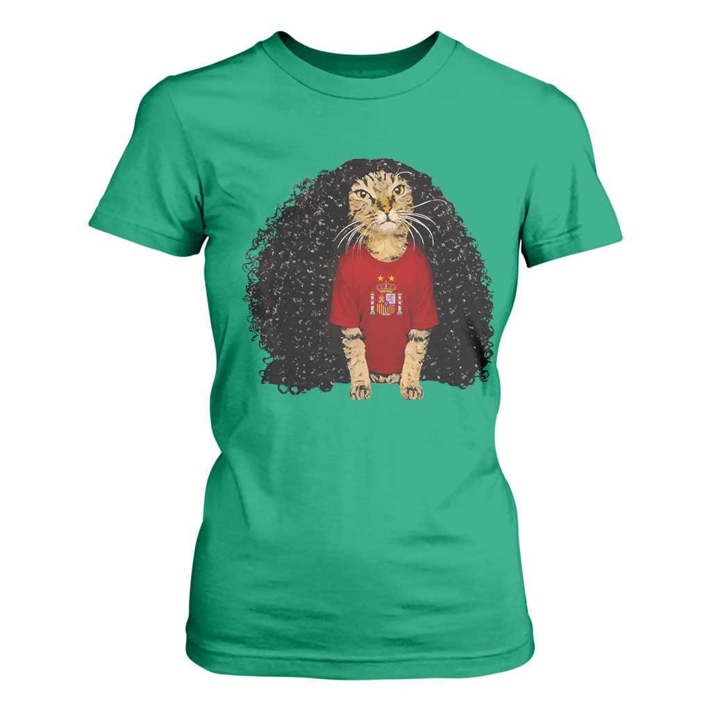 Funny Long Curly Hair Wig Soccer Cat Graphic T Shirt For Women Spain Espana Sports Fans Meme Spanish Pride