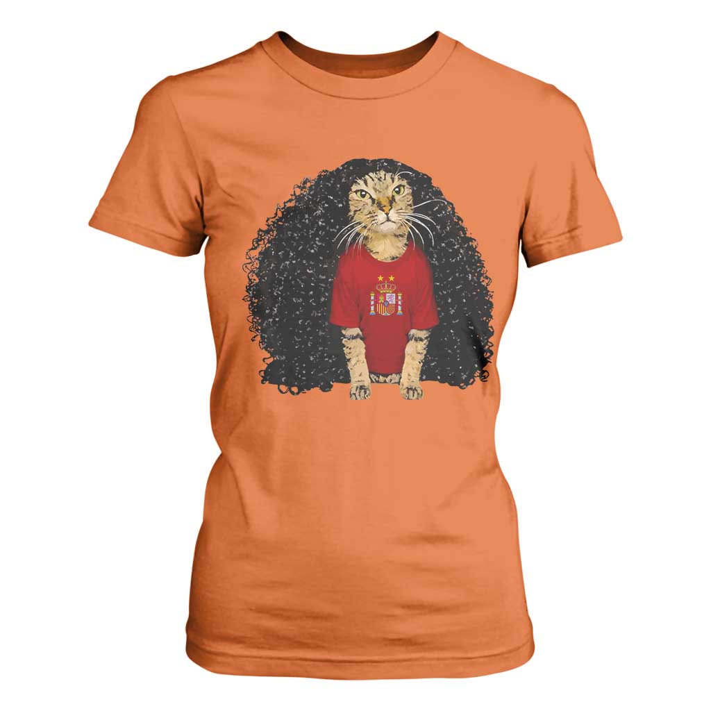Funny Long Curly Hair Wig Soccer Cat Graphic T Shirt For Women Spain Espana Sports Fans Meme Spanish Pride