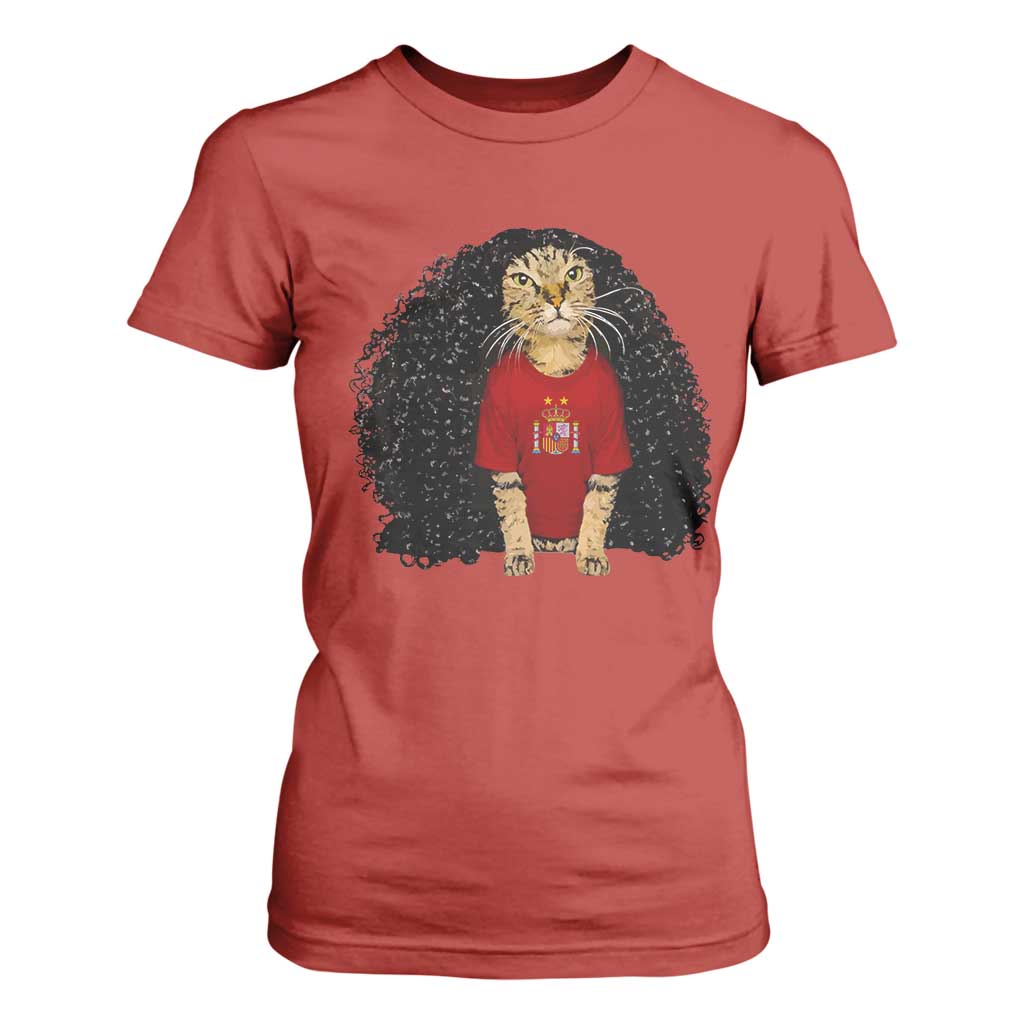Funny Long Curly Hair Wig Soccer Cat Graphic T Shirt For Women Spain Espana Sports Fans Meme Spanish Pride