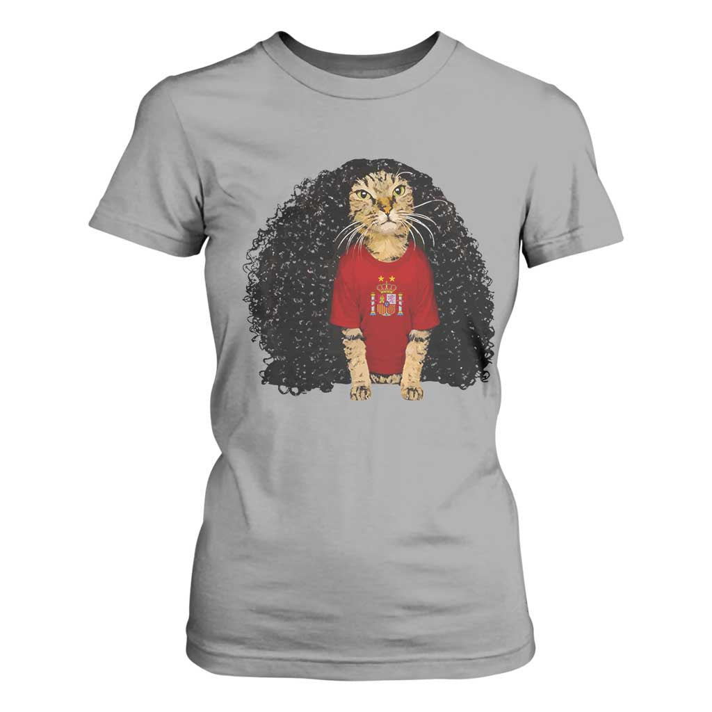 Funny Long Curly Hair Wig Soccer Cat Graphic T Shirt For Women Spain Espana Sports Fans Meme Spanish Pride
