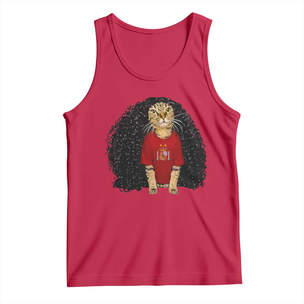 Funny Long Curly Hair Wig Soccer Cat Graphic Tank Top Spain Espana Sports Fans Meme Spanish Pride