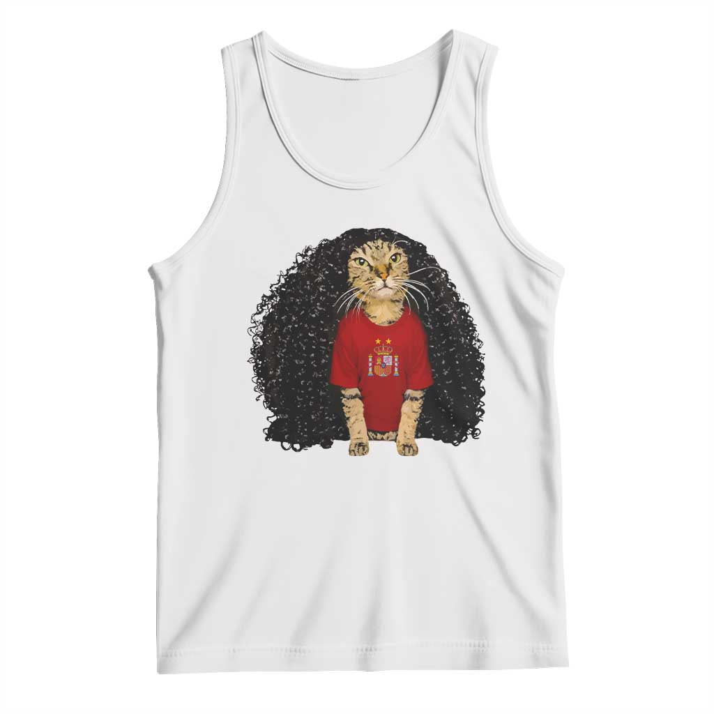 Funny Long Curly Hair Wig Soccer Cat Graphic Tank Top Spain Espana Sports Fans Meme Spanish Pride TS02 White Print Your Wear
