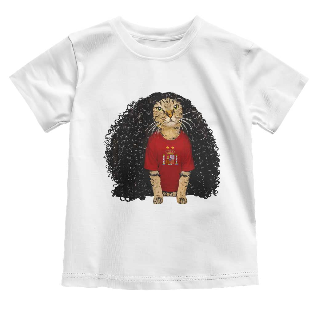 Funny Long Curly Hair Wig Soccer Cat Graphic Toddler T Shirt Spain Espana Sports Fans Meme Spanish Pride TS02 White Print Your Wear