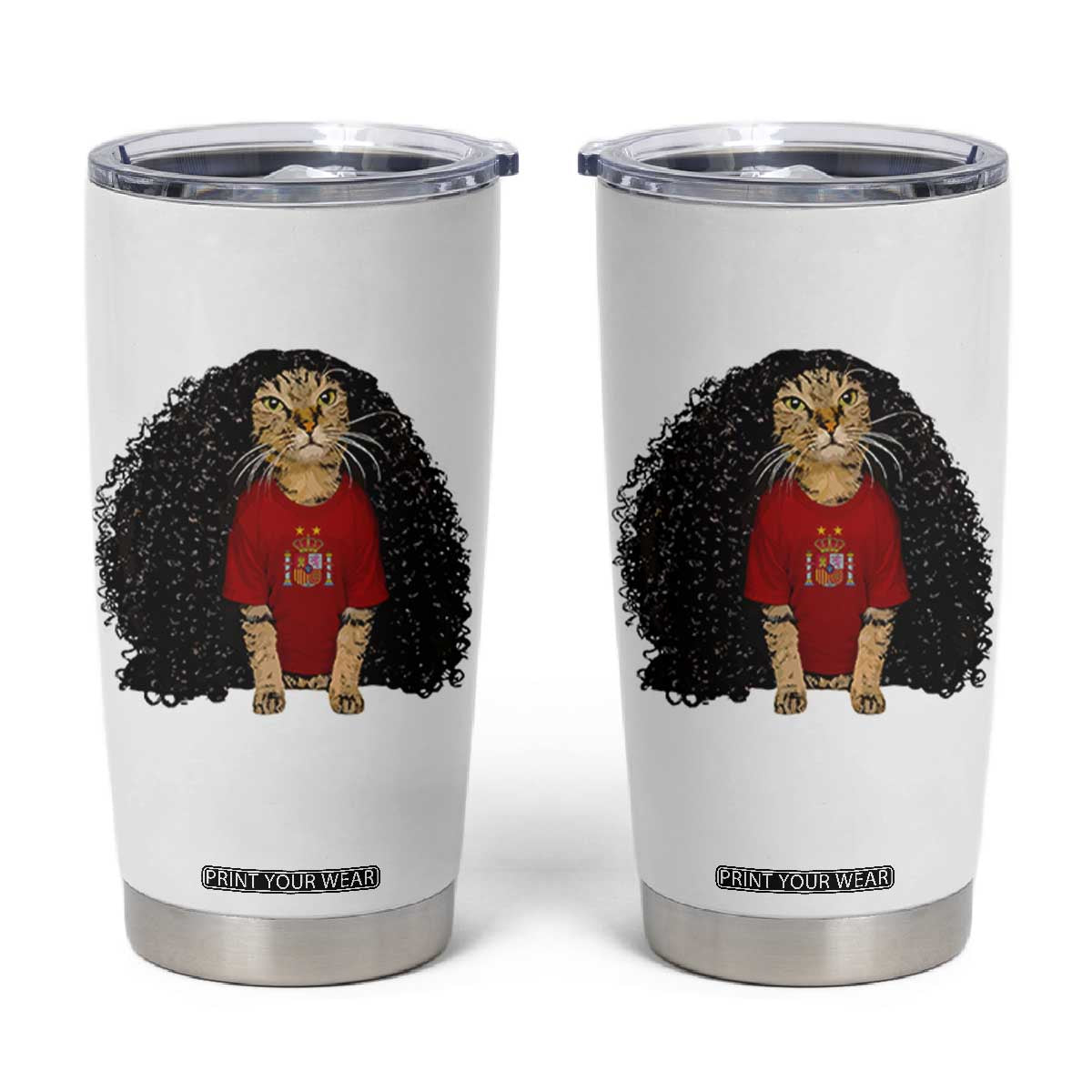 Funny Long Curly Hair Wig Soccer Cat Graphic Tumbler Cup Spain Espana Sports Fans Meme Spanish Pride TS02 White Print Your Wear