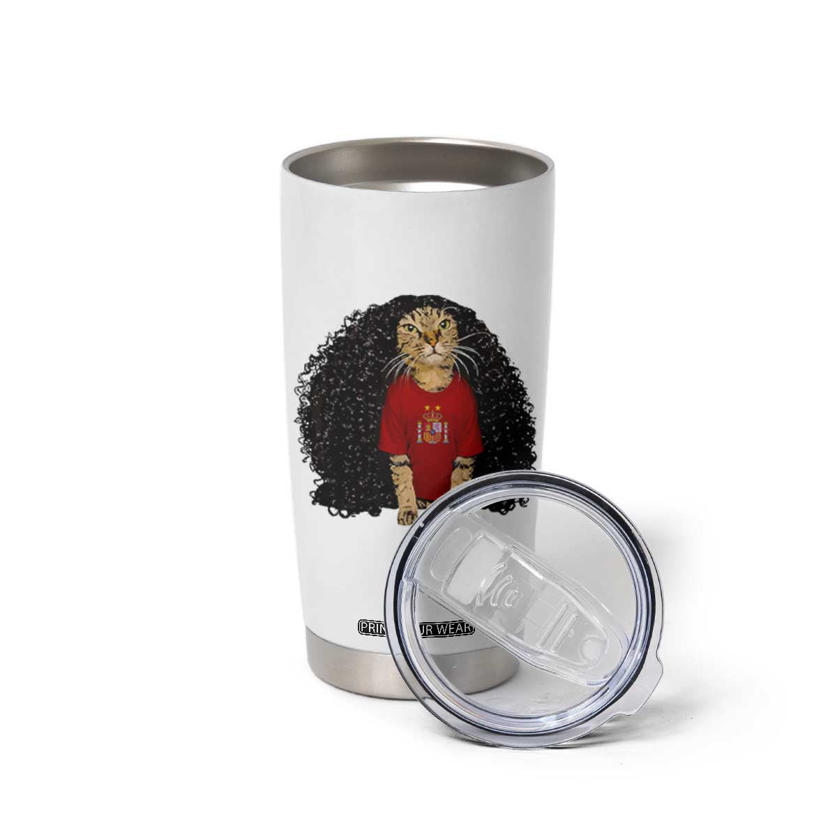 Funny Long Curly Hair Wig Soccer Cat Graphic Tumbler Cup Spain Espana Sports Fans Meme Spanish Pride