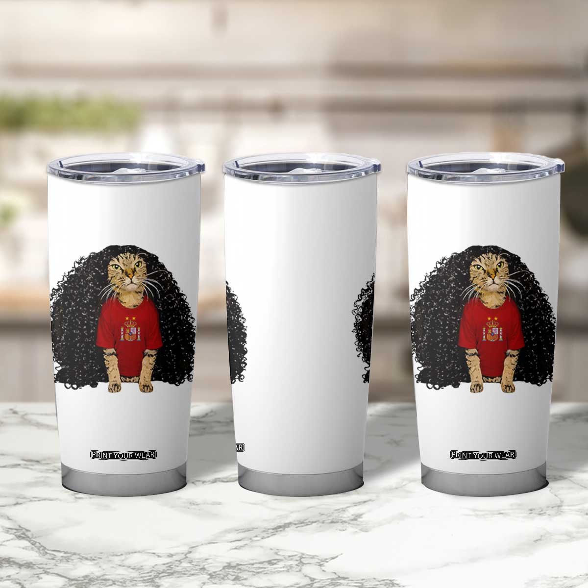 Funny Long Curly Hair Wig Soccer Cat Graphic Tumbler Cup Spain Espana Sports Fans Meme Spanish Pride
