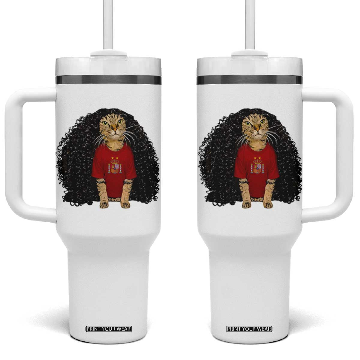 Funny Long Curly Hair Wig Soccer Cat Graphic Tumbler With Handle Spain Espana Sports Fans Meme Spanish Pride TS02 One Size: 40 oz White Print Your Wear