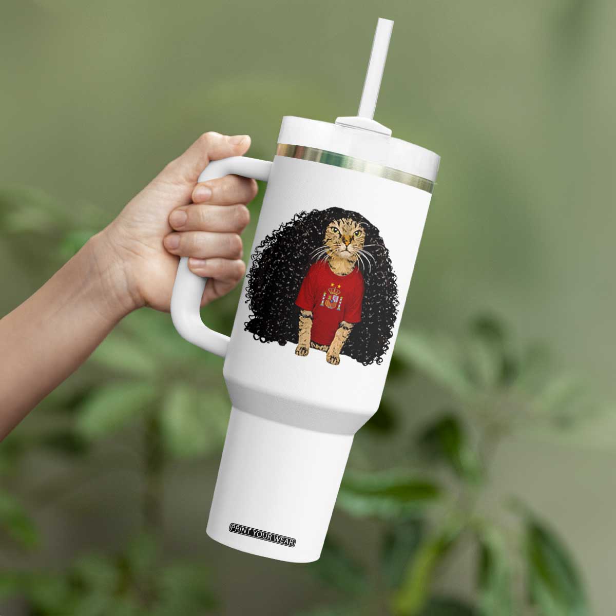 Funny Long Curly Hair Wig Soccer Cat Graphic Tumbler With Handle Spain Espana Sports Fans Meme Spanish Pride