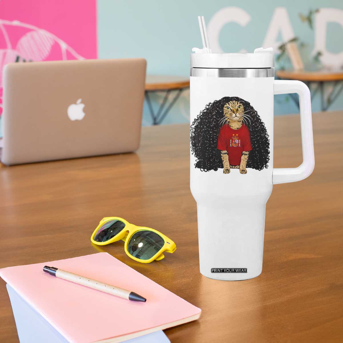 Funny Long Curly Hair Wig Soccer Cat Graphic Tumbler With Handle Spain Espana Sports Fans Meme Spanish Pride