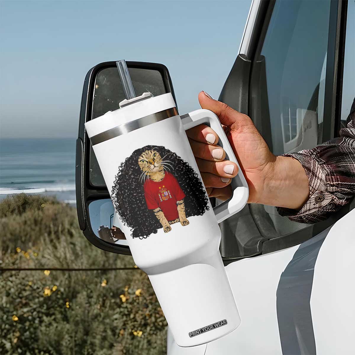 Funny Long Curly Hair Wig Soccer Cat Graphic Tumbler With Handle Spain Espana Sports Fans Meme Spanish Pride