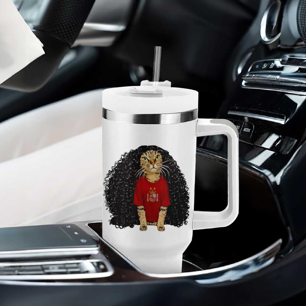 Funny Long Curly Hair Wig Soccer Cat Graphic Tumbler With Handle Spain Espana Sports Fans Meme Spanish Pride