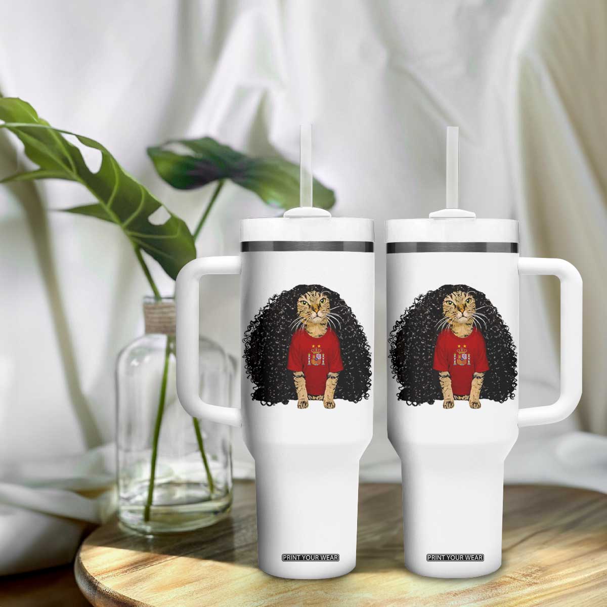 Funny Long Curly Hair Wig Soccer Cat Graphic Tumbler With Handle Spain Espana Sports Fans Meme Spanish Pride