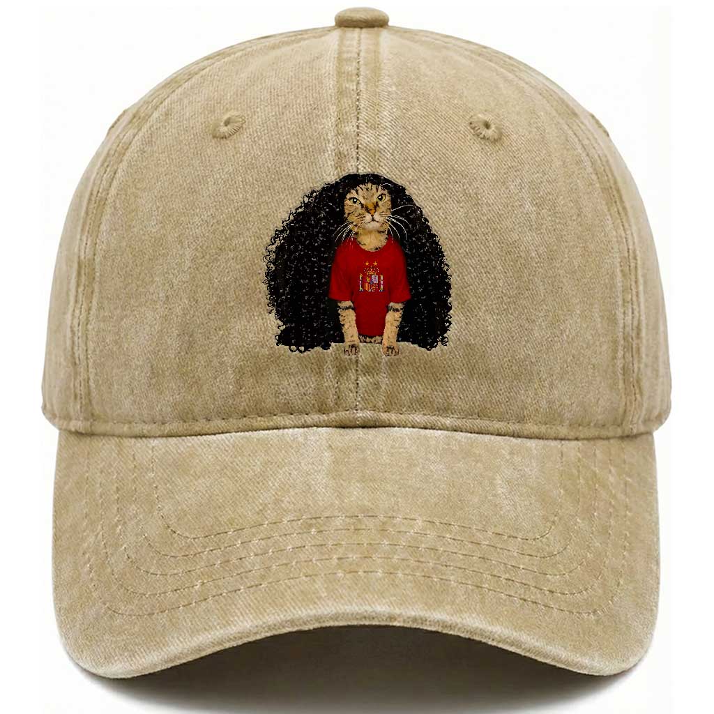 Funny Long Curly Hair Wig Soccer Cat Graphic Washed Cotton Baseball Cap Spain Espana Sports Fans Meme Spanish Pride TS02 Print Your Wear