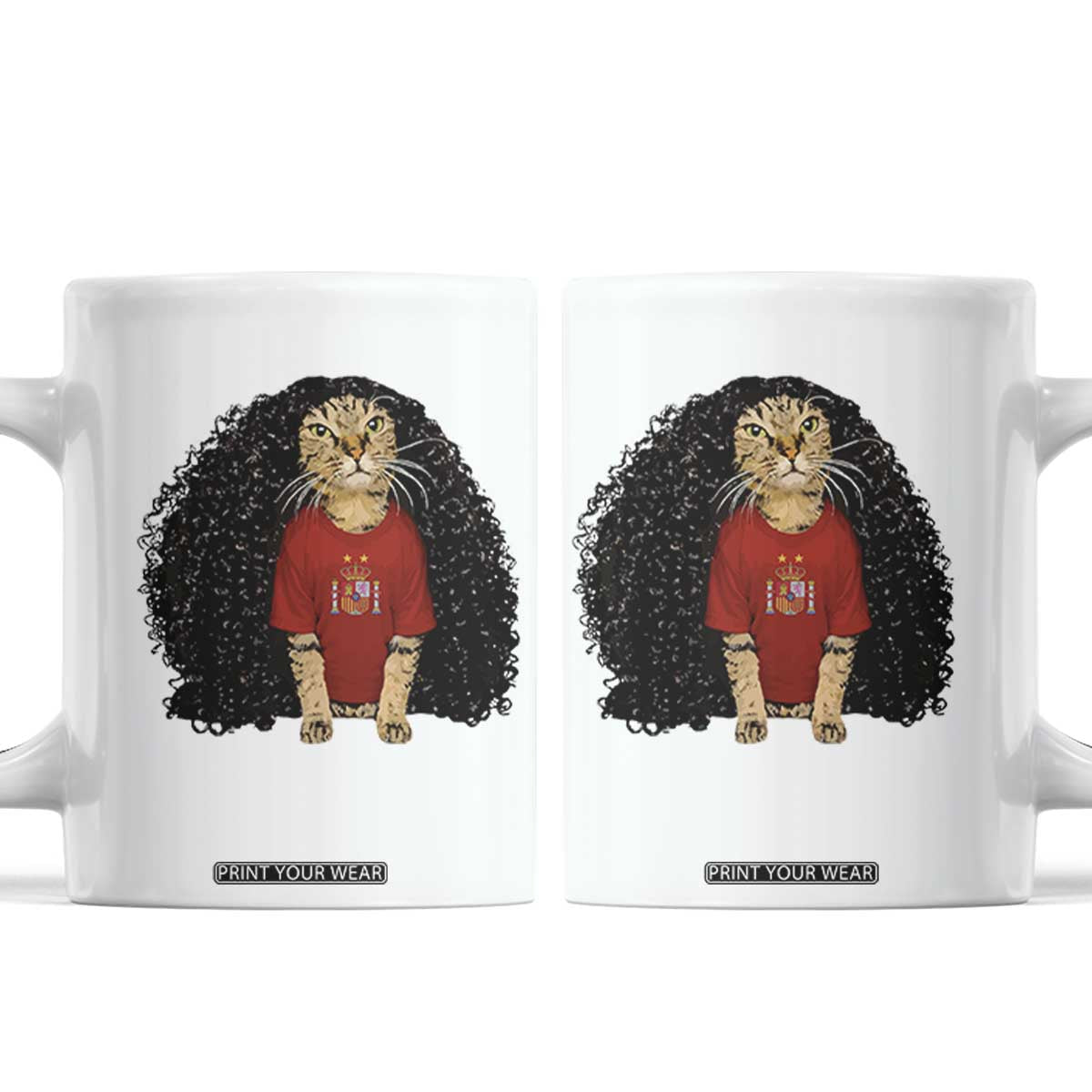 Funny Long Curly Hair Wig Soccer Cat Graphic Coffee Mug Spain Espana Sports Fans Meme Spanish Pride TS02 White Print Your Wear