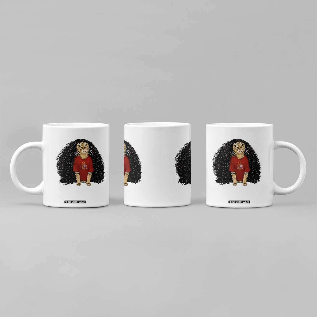 Funny Long Curly Hair Wig Soccer Cat Graphic Coffee Mug Spain Espana Sports Fans Meme Spanish Pride