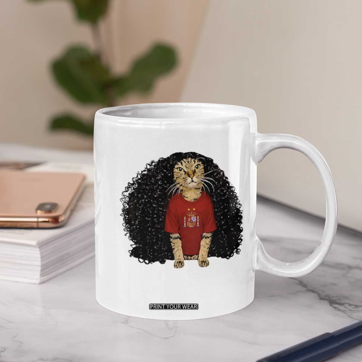 Funny Long Curly Hair Wig Soccer Cat Graphic Coffee Mug Spain Espana Sports Fans Meme Spanish Pride