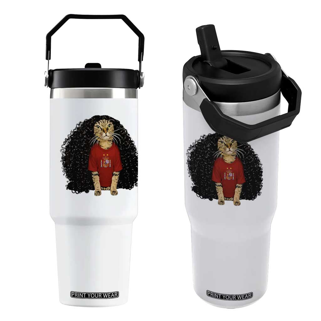 Funny Long Curly Hair Wig Soccer Cat Graphic Flip Straw Tumbler Spain Espana Sports Fans Meme Spanish Pride TS02 One Size: 30 oz White Print Your Wear