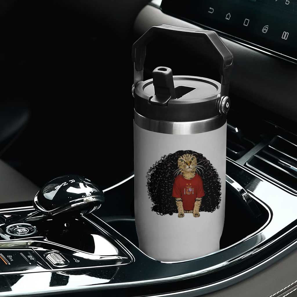 Funny Long Curly Hair Wig Soccer Cat Graphic Flip Straw Tumbler Spain Espana Sports Fans Meme Spanish Pride