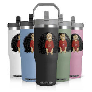Funny Long Curly Hair Wig Soccer Cat Graphic Flip Straw Tumbler Spain Espana Sports Fans Meme Spanish Pride