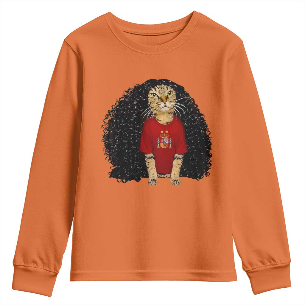 Funny Long Curly Hair Wig Soccer Cat Graphic Youth Sweatshirt Spain Espana Sports Fans Meme Spanish Pride