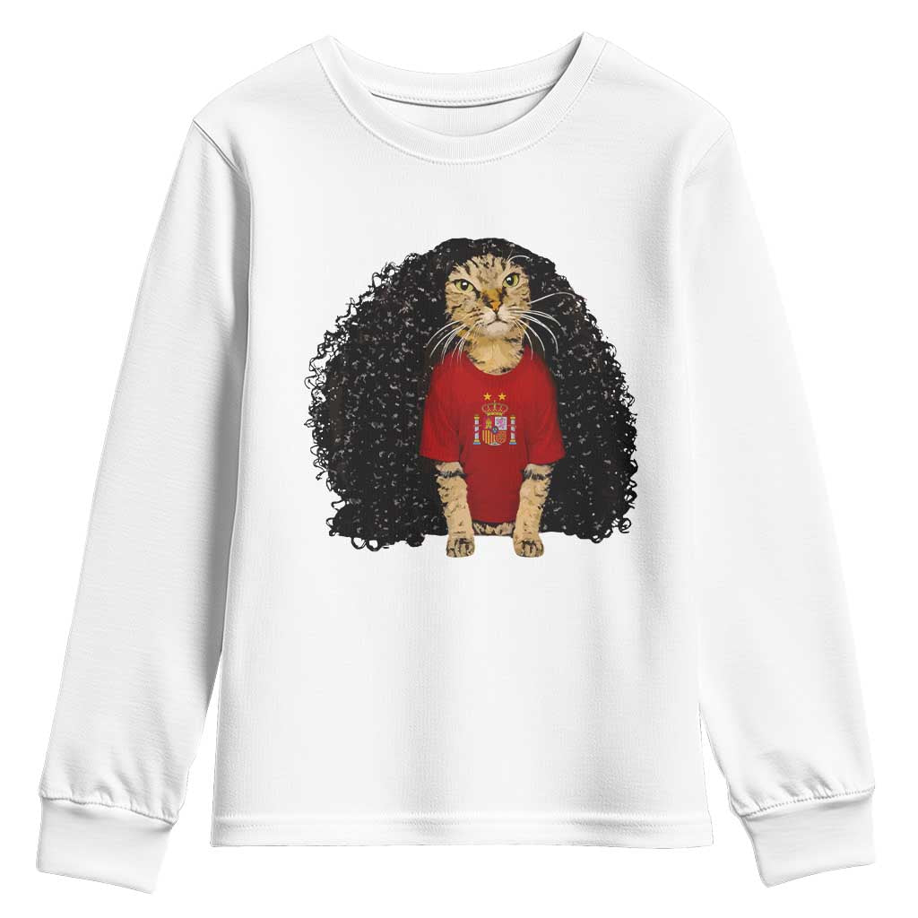 Funny Long Curly Hair Wig Soccer Cat Graphic Youth Sweatshirt Spain Espana Sports Fans Meme Spanish Pride TS02 White Print Your Wear