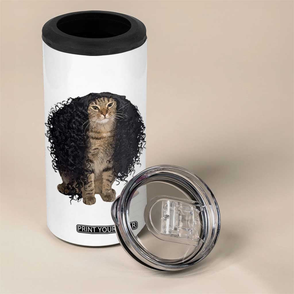 Funny Long Curly Hair Wig Cat Soccer Fans 4 in 1 Can Cooler Tumbler Football Meme Sports Humor