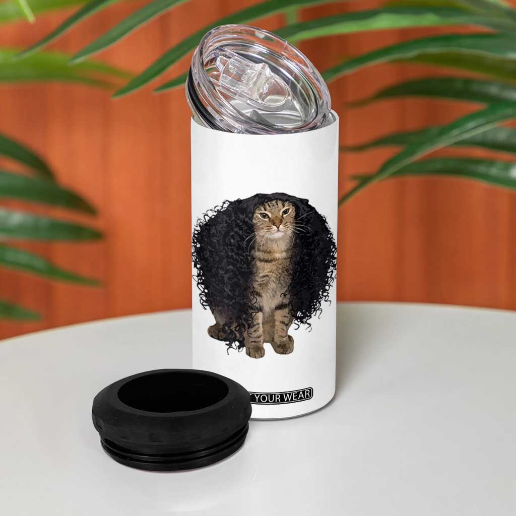 Funny Long Curly Hair Wig Cat Soccer Fans 4 in 1 Can Cooler Tumbler Football Meme Sports Humor