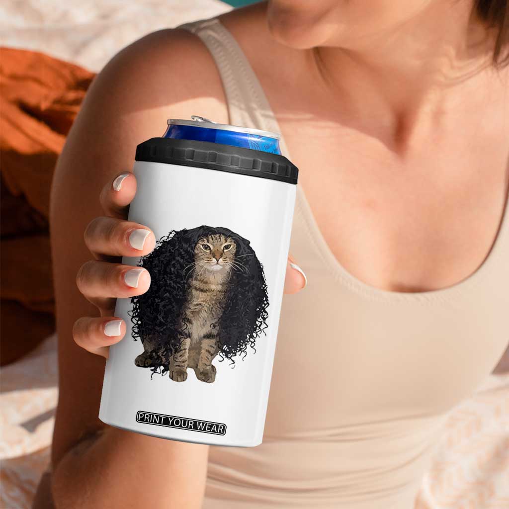 Funny Long Curly Hair Wig Cat Soccer Fans 4 in 1 Can Cooler Tumbler Football Meme Sports Humor