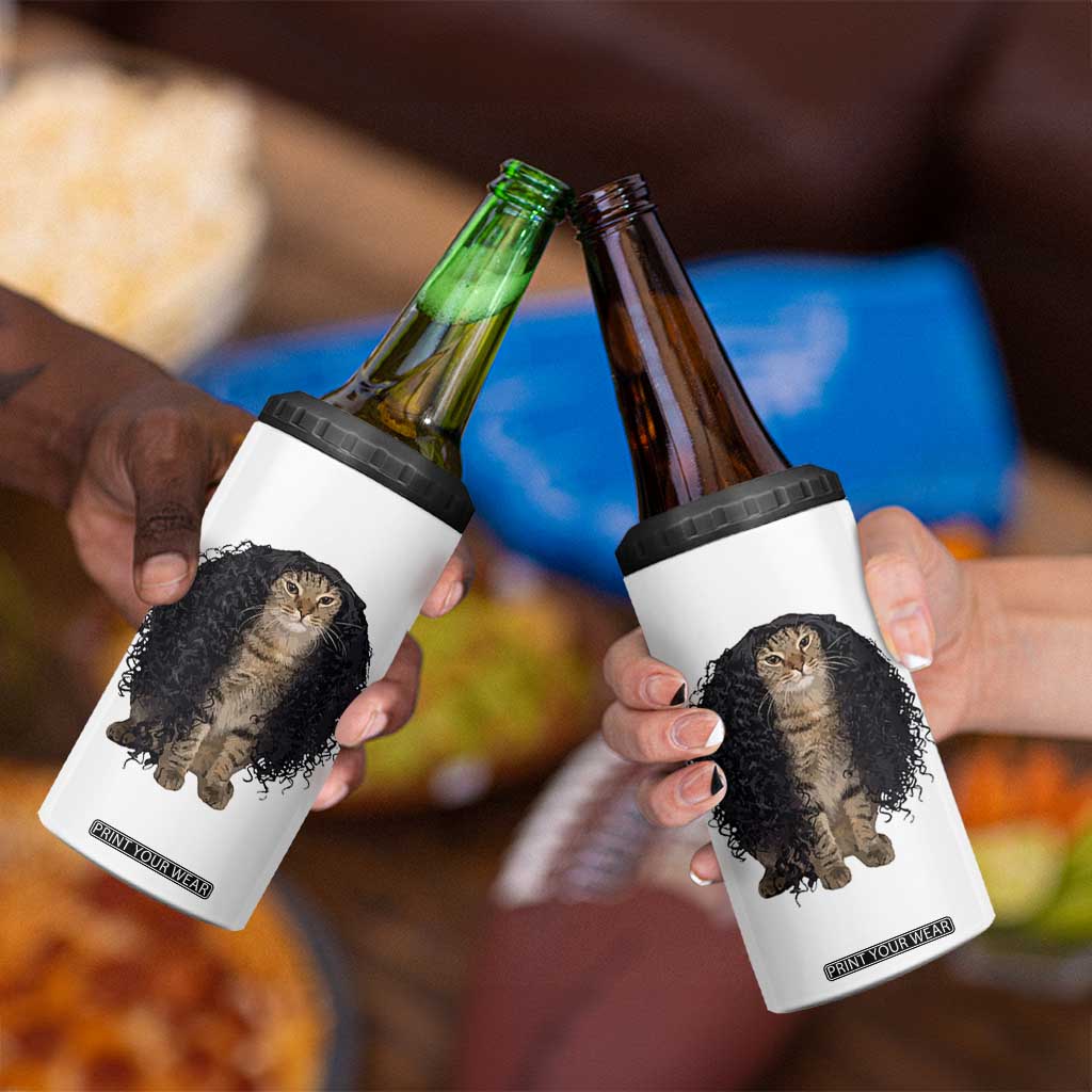 Funny Long Curly Hair Wig Cat Soccer Fans 4 in 1 Can Cooler Tumbler Football Meme Sports Humor