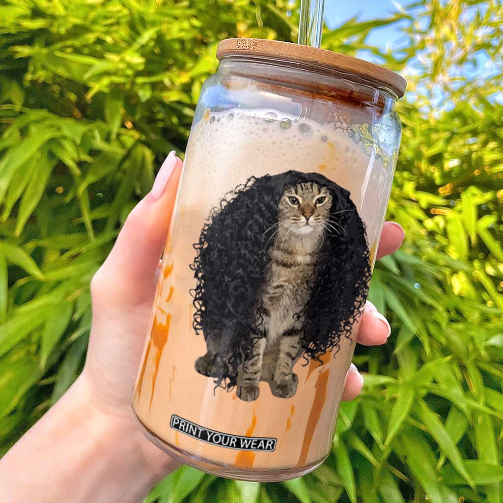 Funny Long Curly Hair Wig Cat Soccer Fans Glass Can Football Meme Sports Humor TS02 White Print Your Wear