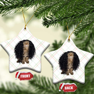 Funny Long Curly Hair Wig Cat Soccer Fans Ceramic Ornament Football Meme Sports Humor
