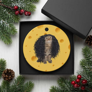 Funny Long Curly Hair Wig Cat Soccer Fans Ceramic Ornament Football Meme Sports Humor