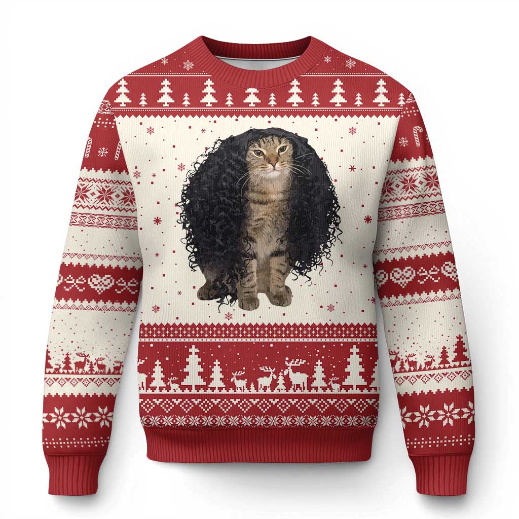 Funny Long Curly Hair Wig Cat Soccer Fans Ugly Christmas Sweater Football Meme Sports Humor