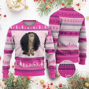 Funny Long Curly Hair Wig Cat Soccer Fans Ugly Christmas Sweater Football Meme Sports Humor