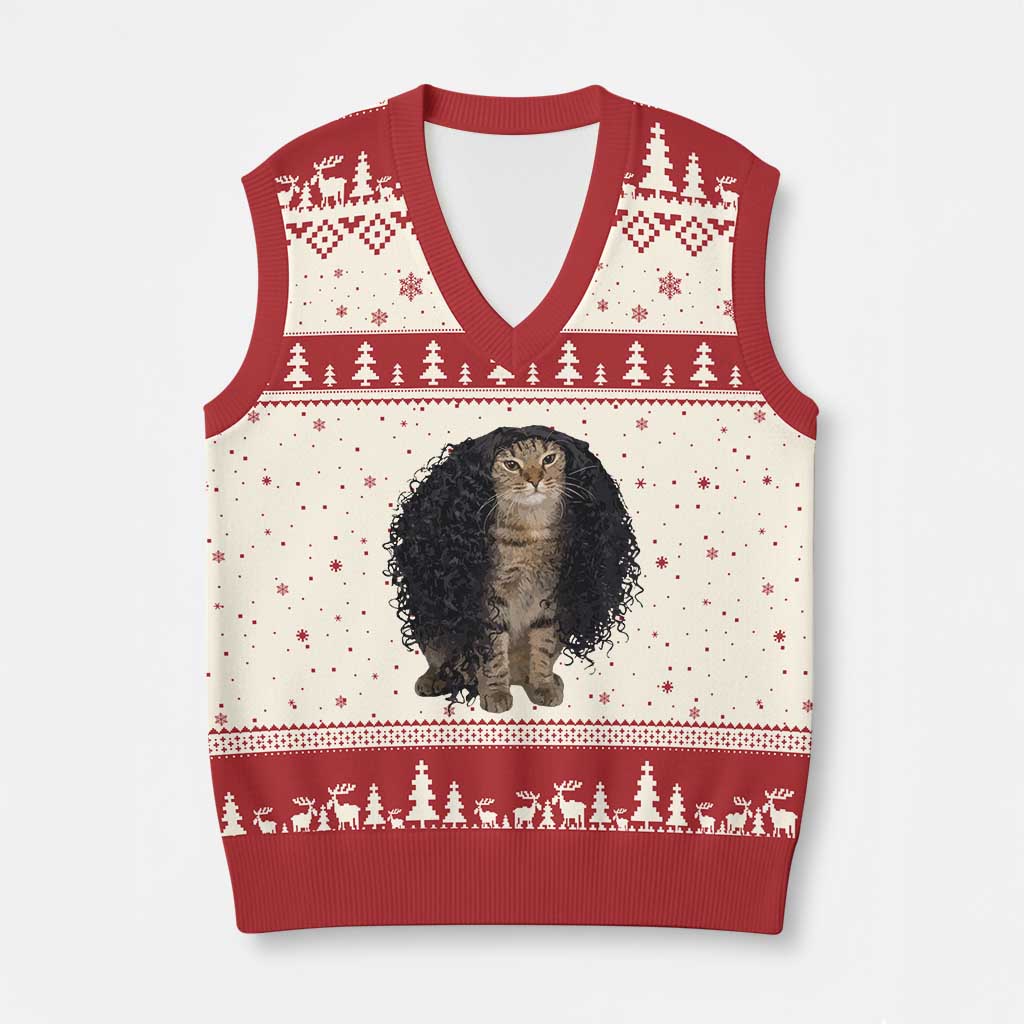 Funny Long Curly Hair Wig Cat Soccer Fans V-Neck Knit Sweater Vest Football Meme Sports Humor TS02 Beige Red Print Your Wear