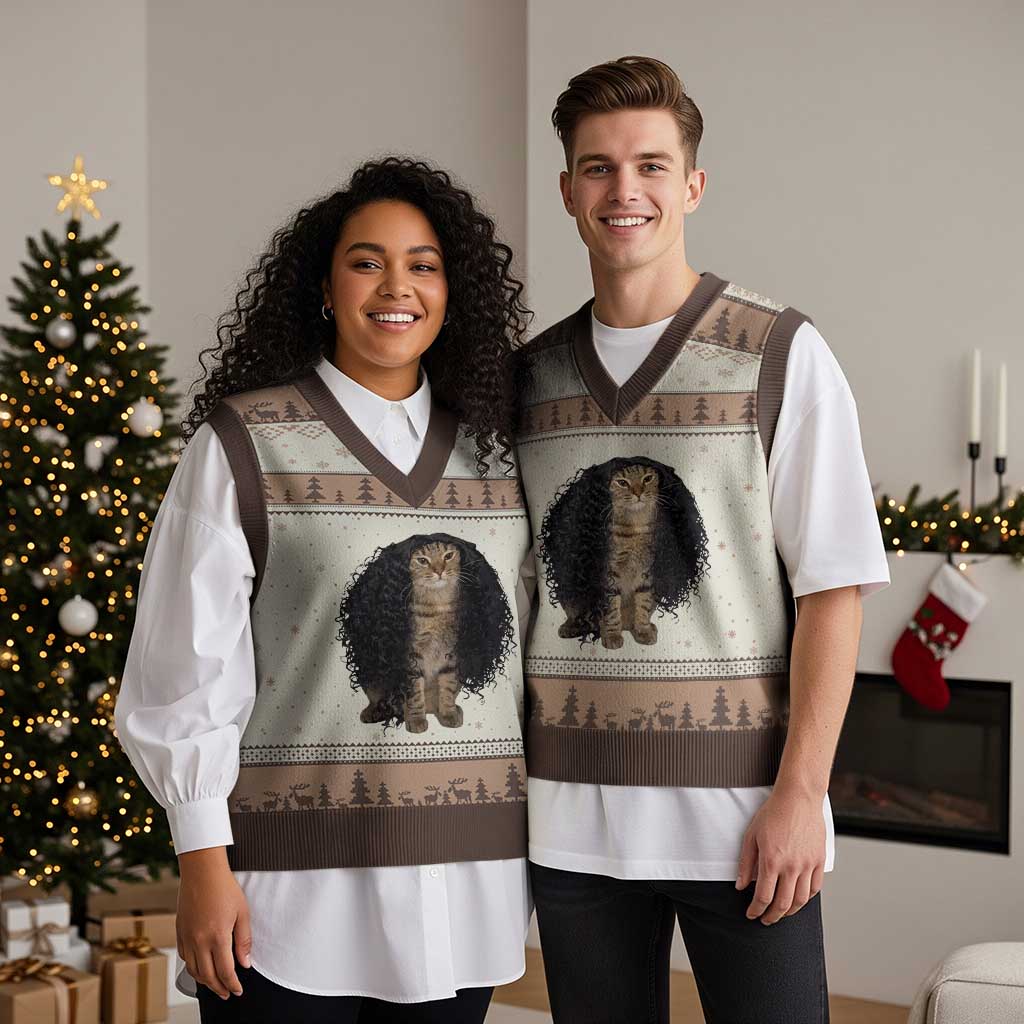 Funny Long Curly Hair Wig Cat Soccer Fans V-Neck Knit Sweater Vest Football Meme Sports Humor