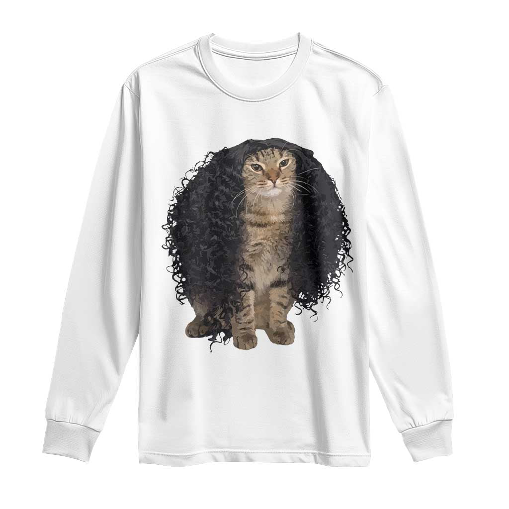 Funny Long Curly Hair Wig Cat Soccer Fans Long Sleeve Shirt Football Meme Sports Humor TS02 White Print Your Wear