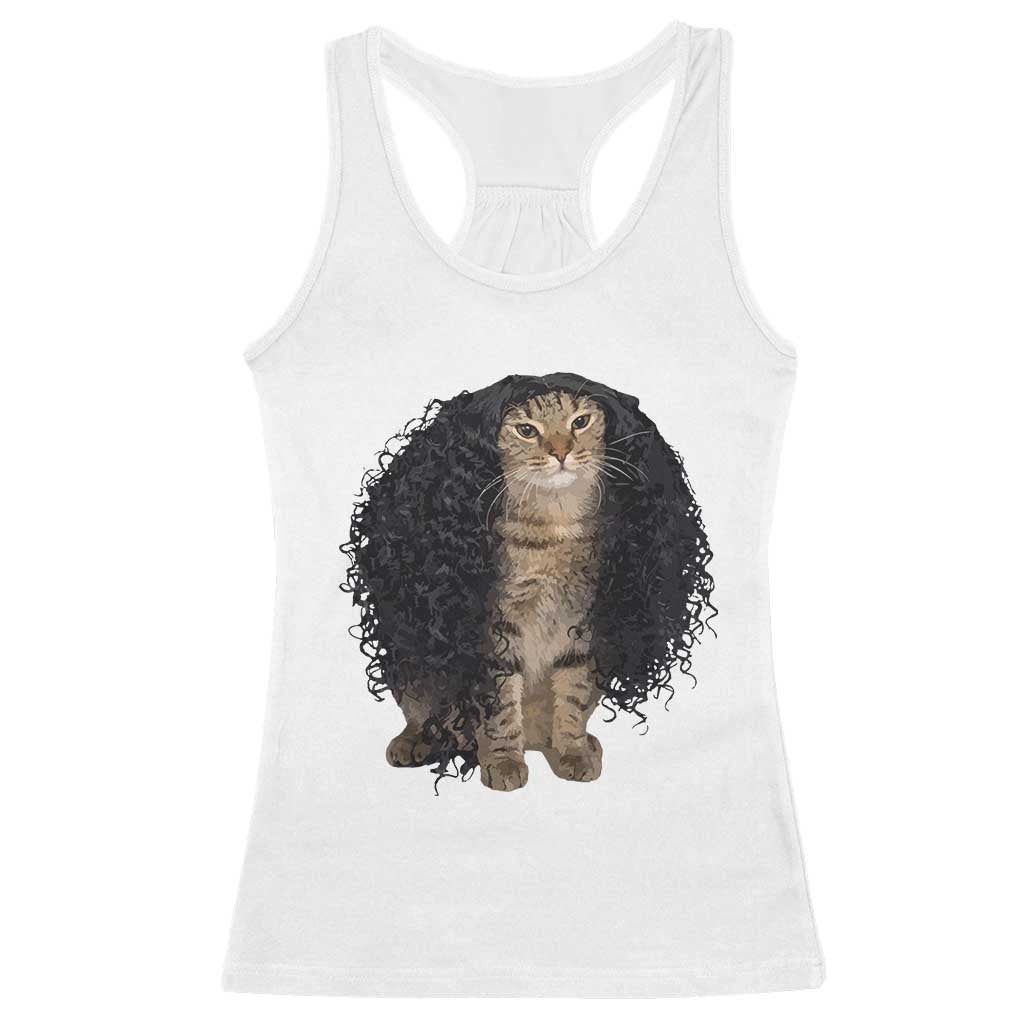 Funny Long Curly Hair Wig Cat Soccer Fans Racerback Tank Top Football Meme Sports Humor TS02 White Print Your Wear