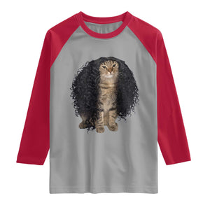 Funny Long Curly Hair Wig Cat Soccer Fans Raglan Shirt Football Meme Sports Humor