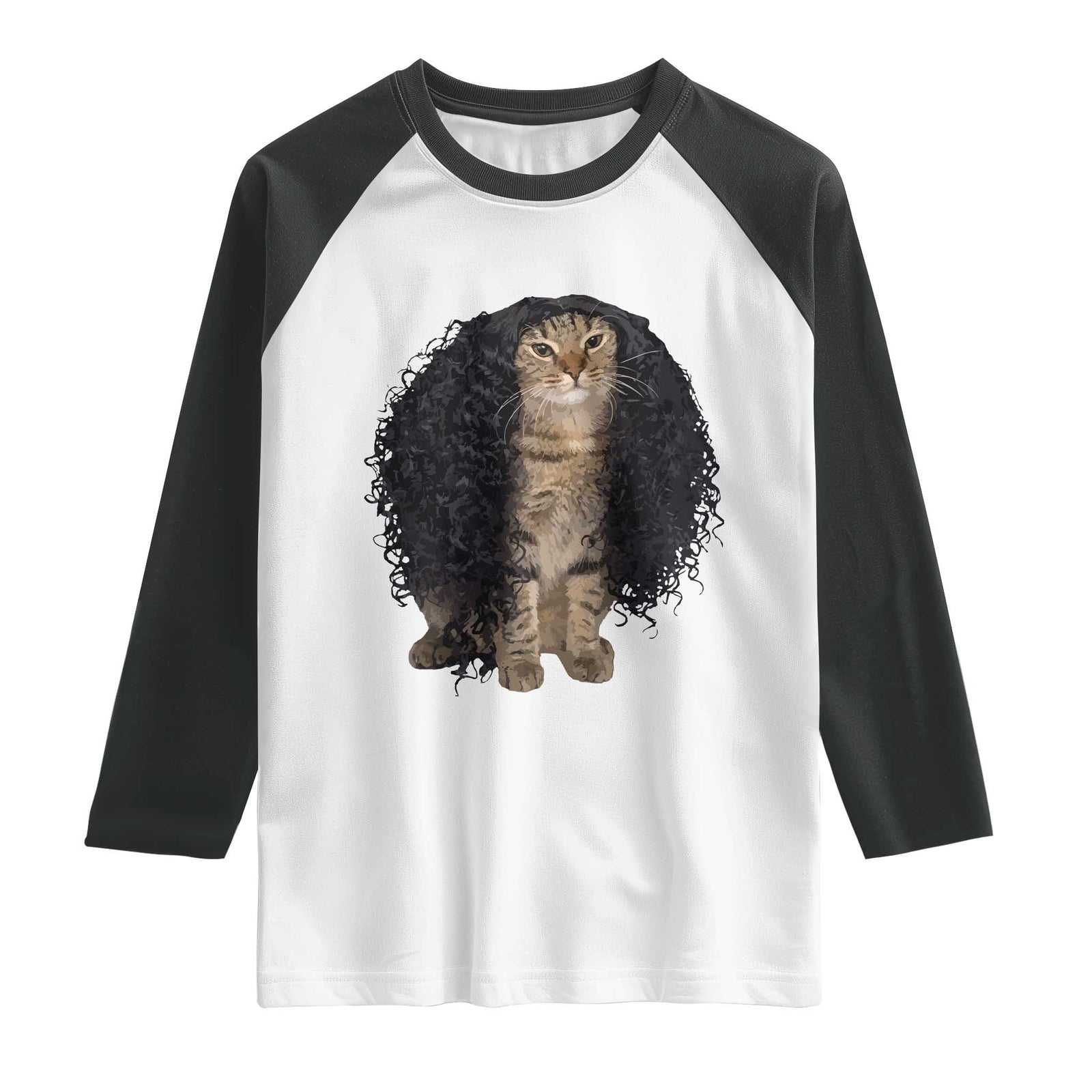Funny Long Curly Hair Wig Cat Soccer Fans Raglan Shirt Football Meme Sports Humor TS02 White Black Print Your Wear