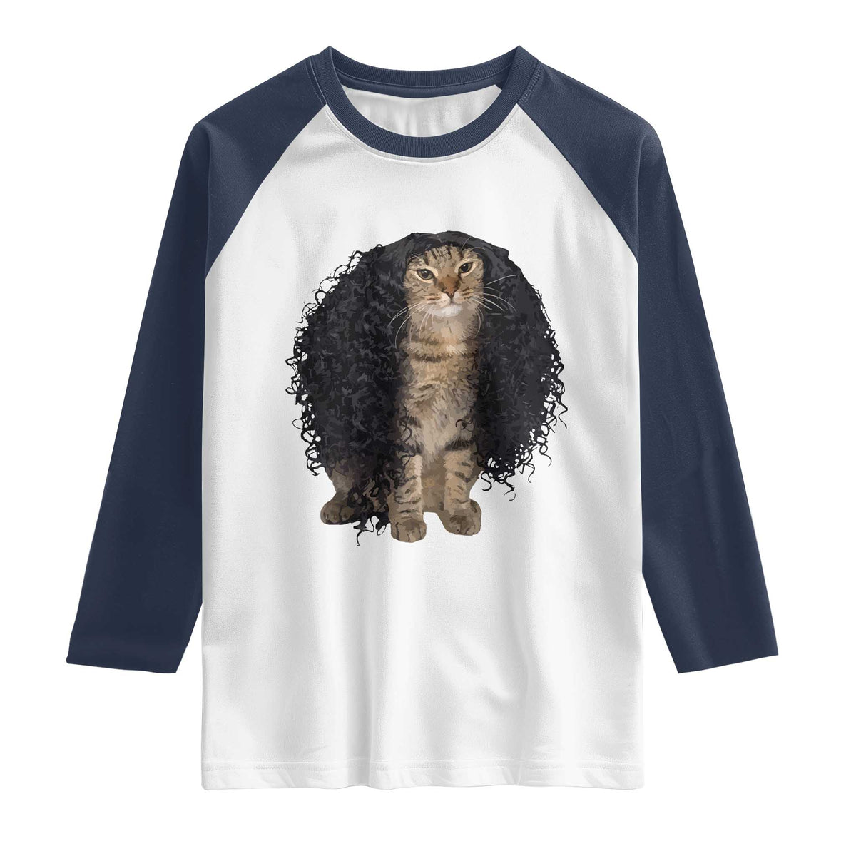 Funny Long Curly Hair Wig Cat Soccer Fans Raglan Shirt Football Meme Sports Humor